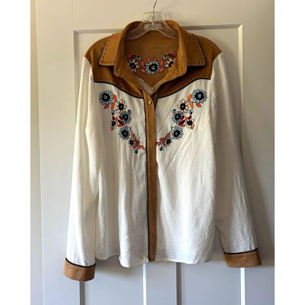 John Moon White Brown Western Floral Embroidered Fringe Stud Snap Shirt Sz L